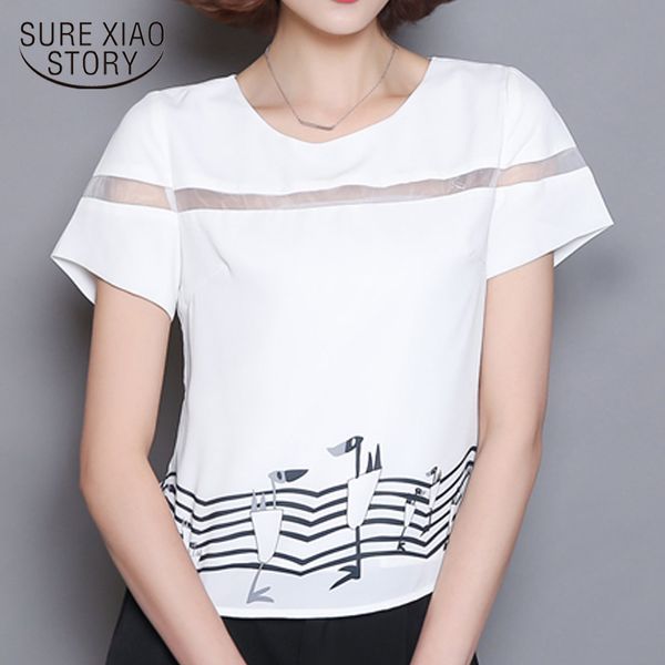 

blusas mujer loose chiffon summer shirt casual white short sleeve blouse print pullover crop women o neck 9073 50 210415