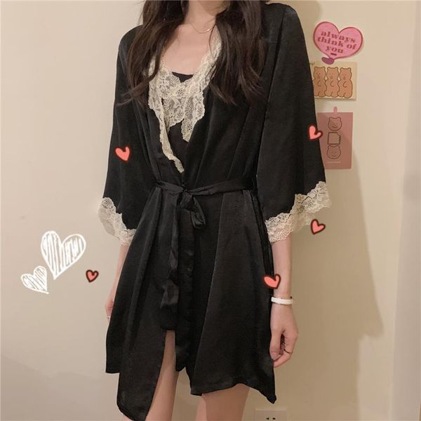 

women's sleepwear lace kimono robe v neck home dressing gown silk satin long sleeve bath women bride szlafrok damski de50sp, Black;red