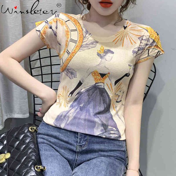 

women's t-shirt summer european clothes print woman o-neck girl fashion women short tees bottoming 2021 t14012a ujp0, White