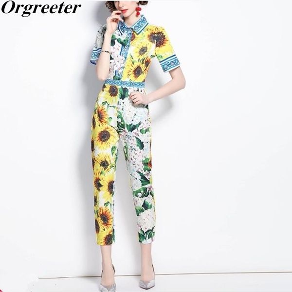 

summer trend sunflowers hydrangea print color contrast shirt pants two piece sets female runway design trousers outfits 210525, White