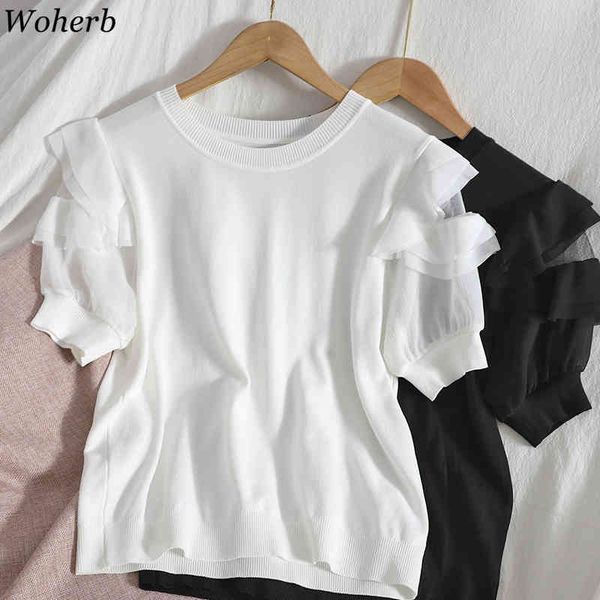 

women patchwork gauze ruffles shirt short-sleeve o neck pullover tees summer korean elegant thin knit tshirt 4i380 210417, White