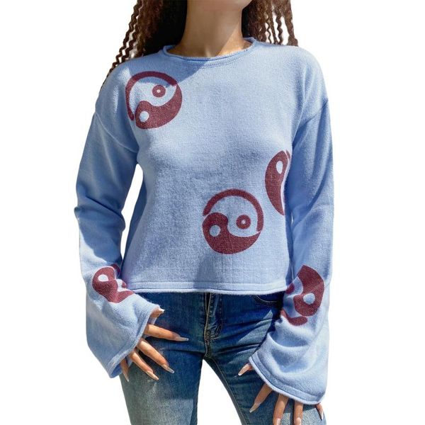 

women's sweaters hirigin 2021 ladies long sleeve casual knitwear autumn creative tai ji diagram round collar pullover sweater short woo, White;black