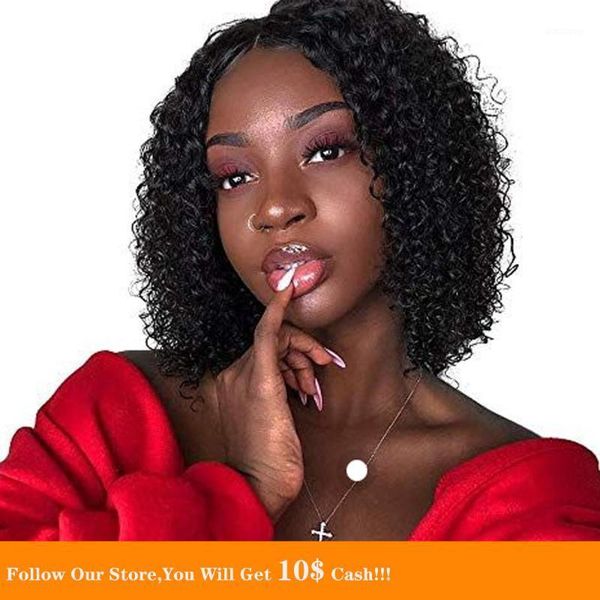 

short bob black afro curly human hair wig colored 370 lace frontal glueless pre plucked for women natural brazilian hair1, Black;brown