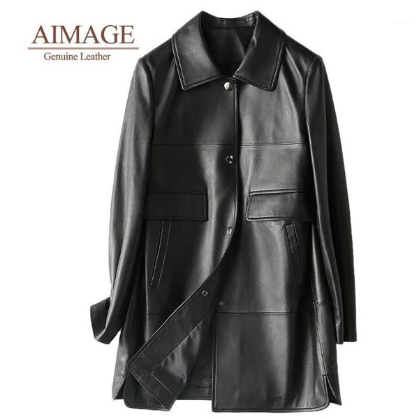 

women's leather & faux 100% sheepskin women spring pockets genuine single button female slim lady outwear turn collar trench long py094, Black