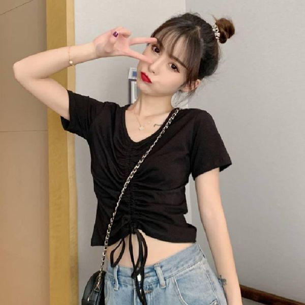 

womens fashion summer short sleeve slim bare midriff t-shirt v-neck tee black white women's