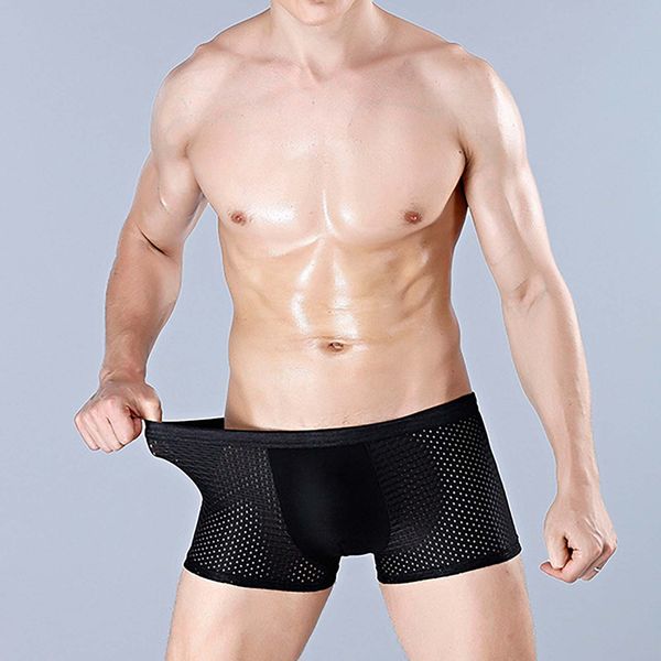

summer men's ice mesh breathable youth bamboo ventilate shorts men underwear boxer gay, Black;white