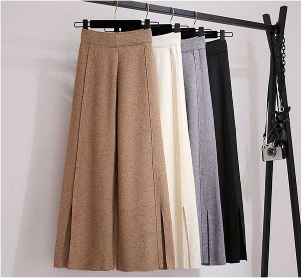 

women's pants & capris high waisted split women autumn winter waarm knit wide leg elastic waist casual loose trouseers, Black;white