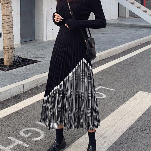 

luxury geometric long knit women pleated skirt autumn winter thick warm a line elgant knitted sweater femme skirts, Black