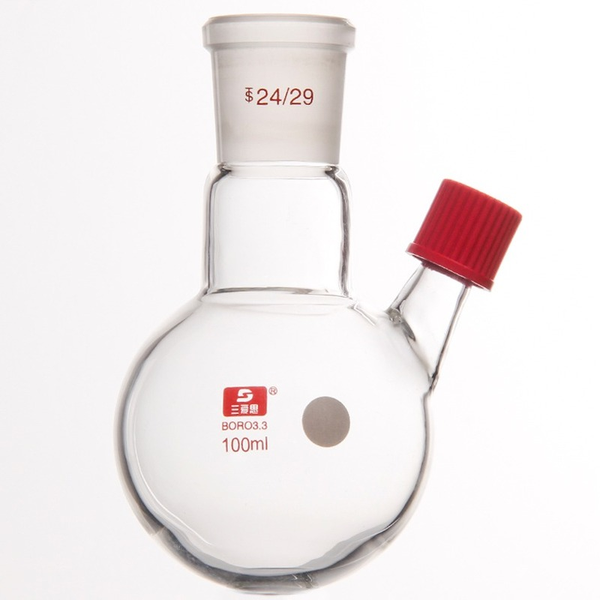 

lab supplies inclined two port flask, round bottom reaction bottle, threaded spherical screw can insert thermometer