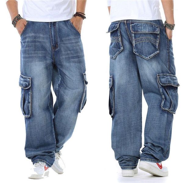 Jeans masculinos shzq estilo japão marca mens reta jeans cargo calças motociclista homens baggy solto azul com bolsos laterais