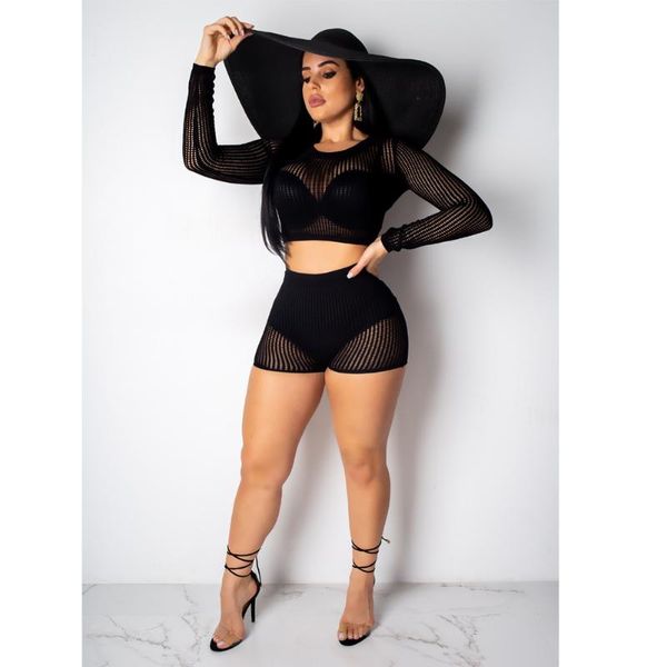 

women hollow out mesh net swiming bikini cver-ups sets long sleeve tee transparent +shorts swimwear women's, White;black