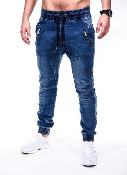 

men's jeans solid color vintage man wrinkle blue classic cargo pants mans zipper pockets hip-hop denim drawstring casual trouser