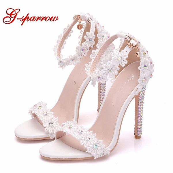 

summer sandals white lace ankle strap wedding sandal 11cm high heels open toe thin heel female party dress shoes, Black