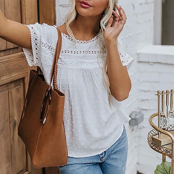 

women's blouses & shirts summer hollow out jacquard blouse short sleeve casual solid loose elegant lady 2021 fashion sweet grils, White