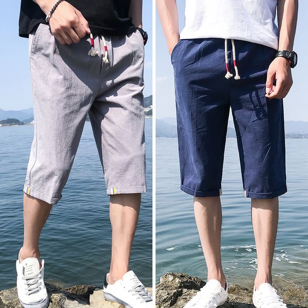 

a 792 the new summer 2021 7 minutes of pants men's casual pants six points five beach shorts thin fashion pants in the summer, Blue