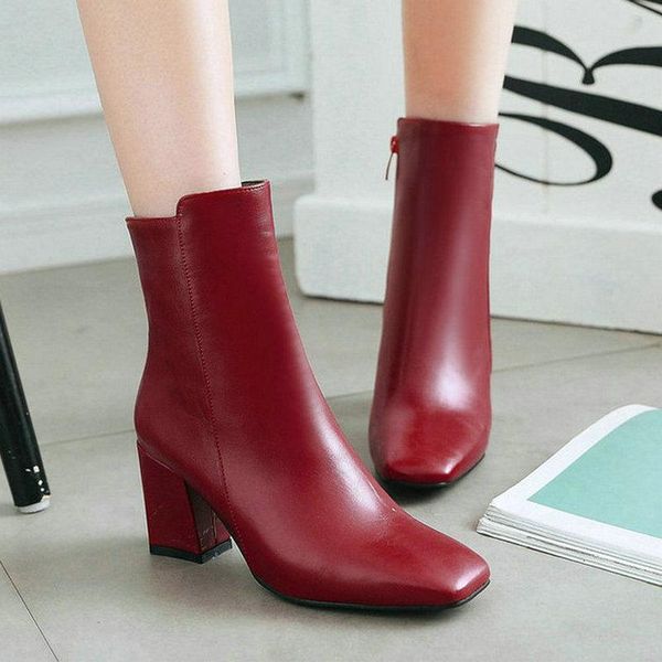 

boots 2021 women ankle square high heel zipper fashion toe short big size 34-43, Black