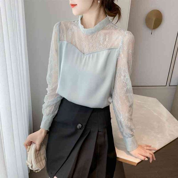 

spring summer fashion women blouse chiffon lace stitching long sleeve shirt women solid color cotton shirt 210515, White