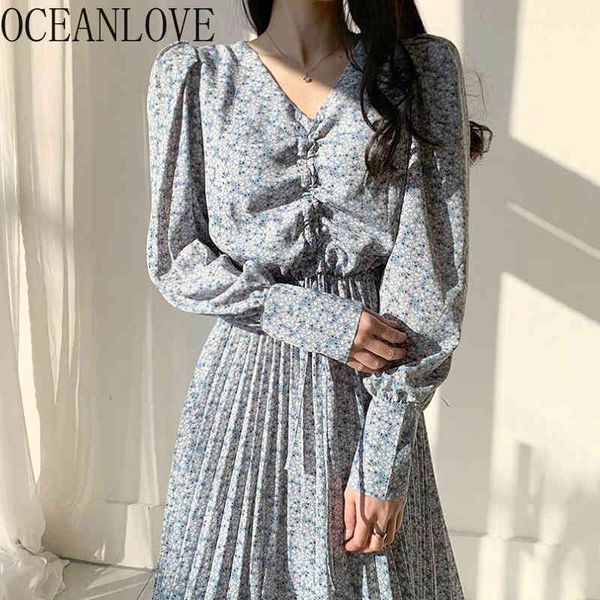 

v necl offcie ladies long dress pleated print floral elegant spring autumn vestidos korean chic woman dresses 19684 210415, Black;gray