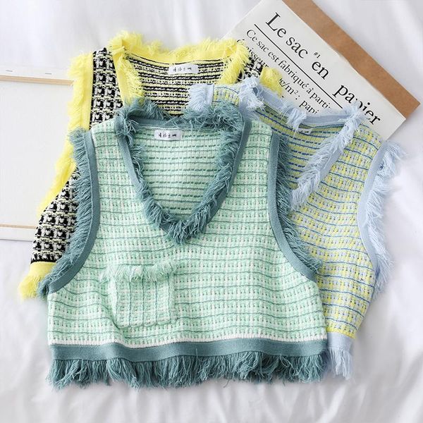 

women's sweaters checked fringed v-neck knitted sweater fall 2021 outer wear short sleeveless sweater1218, White;black