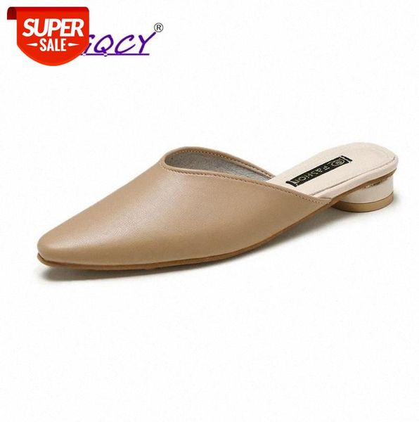

leather pointed slippers women 2019 summer shoes fashion round heel slip-on mules slides beige casual female #3j53, Black
