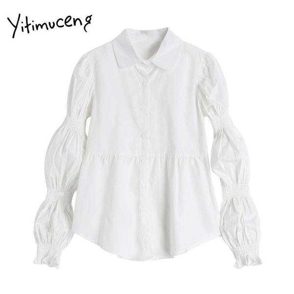 

yitimuceng white blouse women button up ruched shirts straight puff sleeve unicolor clothes spring korean fashion 210601