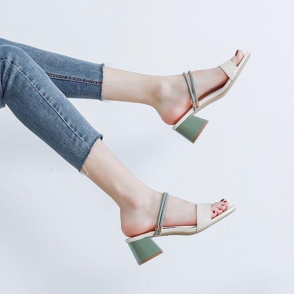 

transparent sandals women 2021 summer word with wild roman fashion fairy style mid-heel thick heel high heels dress shoes, Black