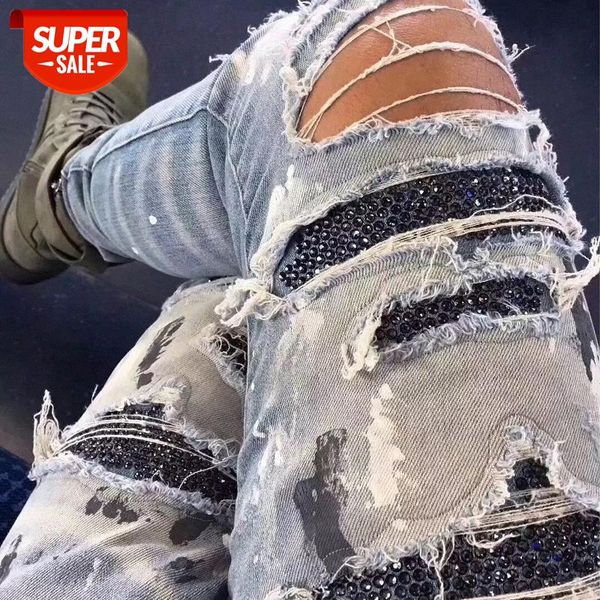 

18 men's clothing street retro blue diamond splash ink destruction self-cultivation small feet stretch jeans #fq02