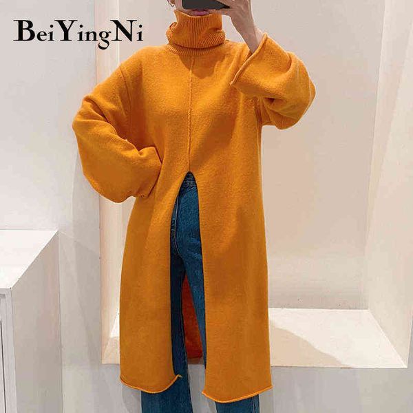

beiyingni korean split mid-length knitted sweater dress chic turtleneck thicken warm long pullovers solid color dresses female y1204, Black;gray