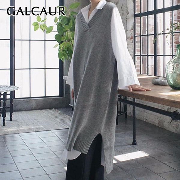 

women's vests galcaur korean knitting vest for women v neck sleeveless asymmetric side split long female 2021 fashion clothes tide, Black;white