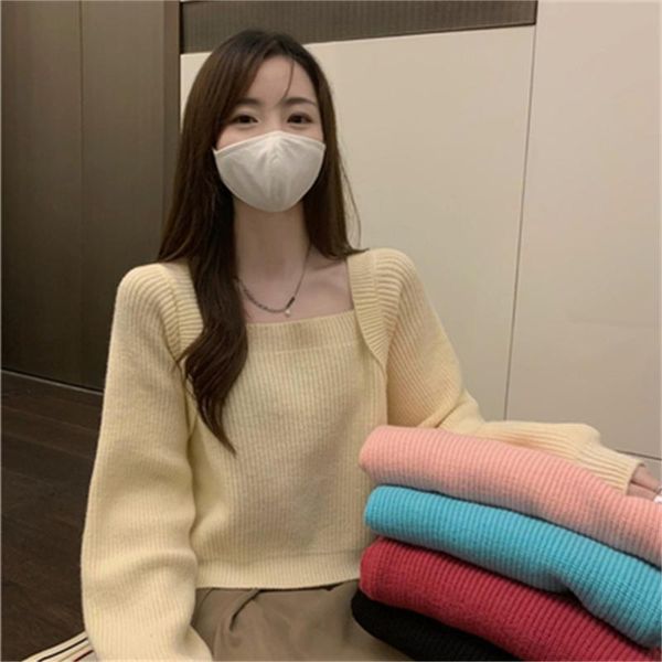 

women's sweaters 2021 autumn korean style square neck puff sleeve shirt short long pullover knitted sweater clothing h1065, White;black