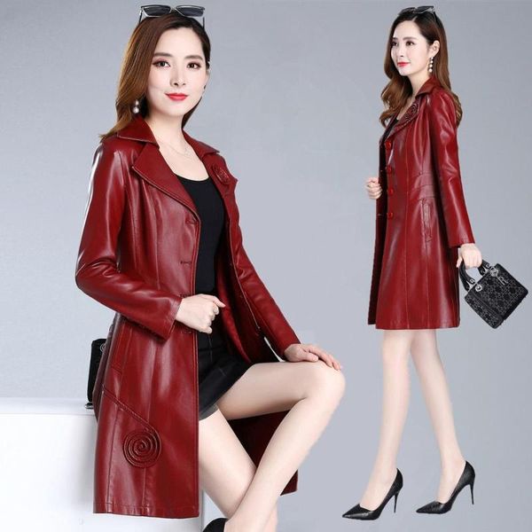

women's leather & faux 2021 spring women jacket long slim large size 8xl women's coat fashion leisure female motorcycle clothing, Black