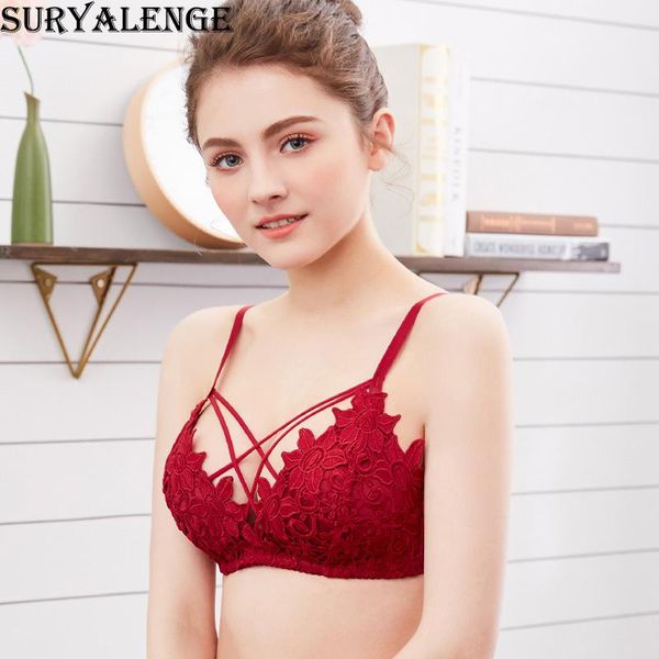 

bras suryalenge women's seamless lace triangle cup bra gathered female no steel ring thin underwear, Red;black