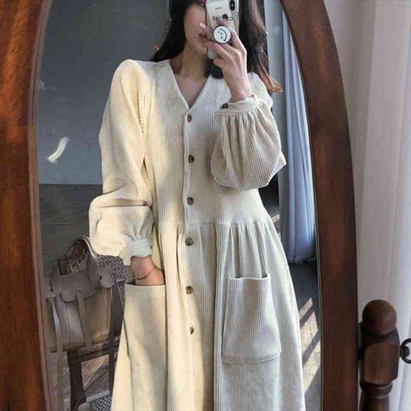 

[ewq] korea chic autumn trend women v-neck single-breasted pocket loose casual corduroy long-sleeved dress autumn vestido, Black;gray
