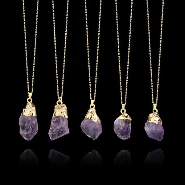 

pendant necklaces irregular natural point long chain pendants pendulum purple healing crystal chakra rock beads colored necklace, Silver