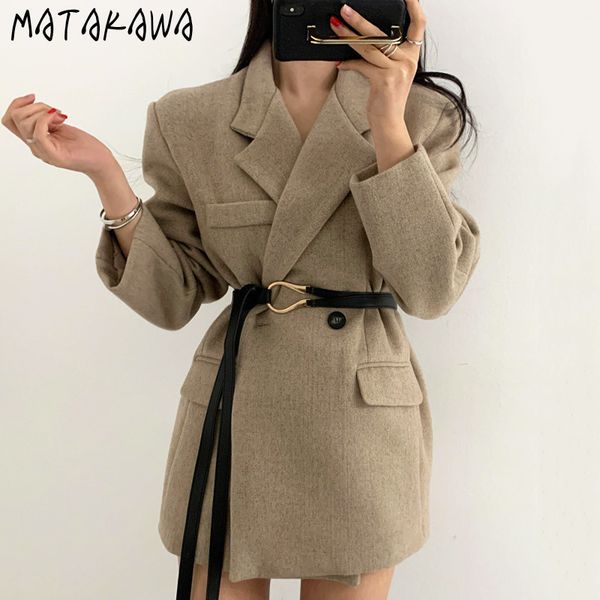 

matakawa two button design long sleeve woolen coat korea chic woman jackets turn-down collar slim women coats with belt 210513, Black