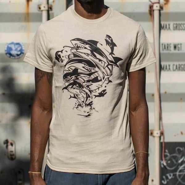 

sharks in a tornado t-shirt | mens short sleeve graphic t-shirt, White;black