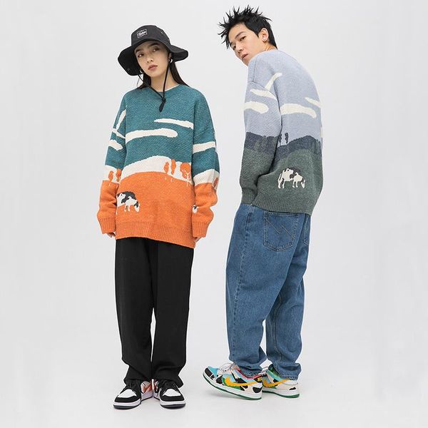 

men's sweaters men cows vintage winter woman korean fashions daily knitwear pullover round-neck harajuku individuality warm top, White;black