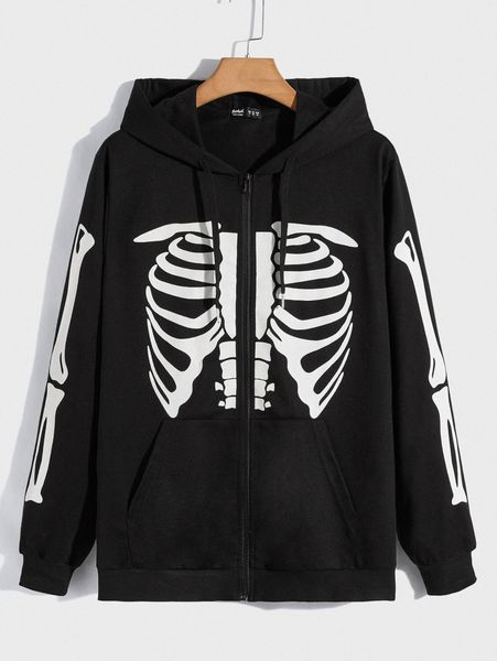 

romwe guys skeleton print drawstring hoodie q3ia#, Black