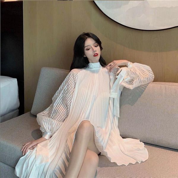 

casual dresses 2021 korean summer fashion women clothes vacation lantern sleeves pullover loose pleated dress, Black;gray
