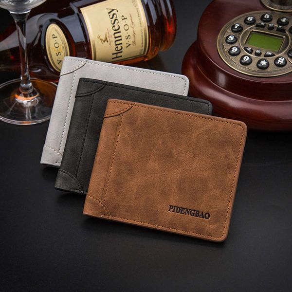 

the wallet multi card wallet men's short frosted leather three fold vertical wallet, Black