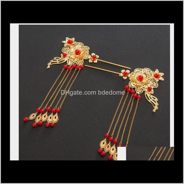 

wedding hair jewelry drop delivery 2021 chinese brides headdress with golden flower hairpin in ancient costume jp98a, Slivery;golden