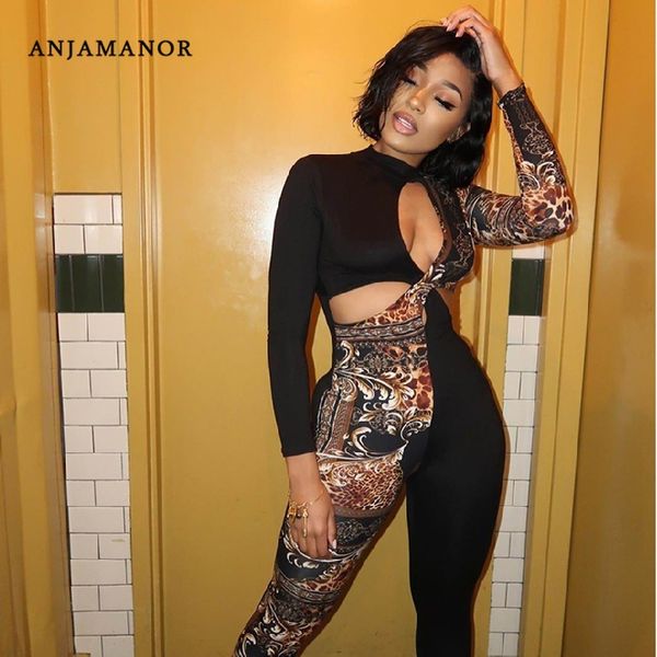 

anjamanor jumpsuit women leopard print patchwork cross hollow out long sleeve bodycon one piece club outfits d74-cg28, Black;white