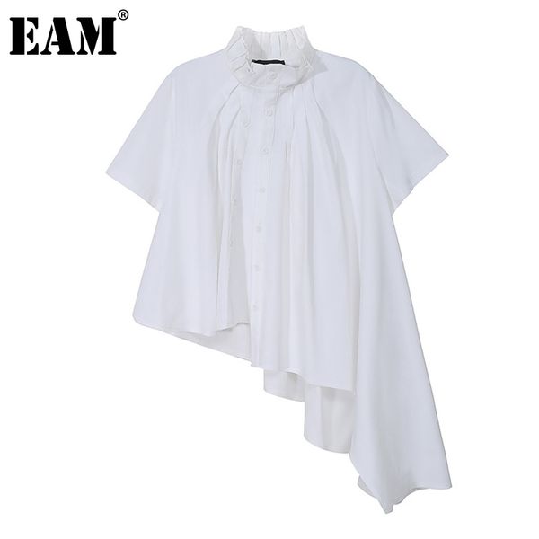 

[eam] women white big size ruffle asymmetrical blouse lapel short sleeve loose fit shirt fashion spring summer 1dd7378 21512