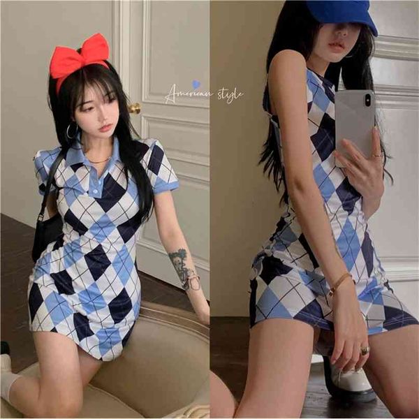 Diamond Lattice Preppy Dress Mini Collar Colar Isenty Estilo Esportes A-Linha Skinny Blue Branco Bonito Manga Curta 210529