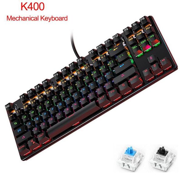 

keyboards k400 mechanical gaming keyboard 87-key usb wired nkro blue/black switches multi-color backlight for windows computer pc