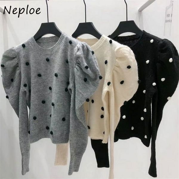 

chic 3d polka dot puff sleeve women pullovers autumn winter vintage knitted sweaters o-neck elasticity soft jacket 210422, White;black