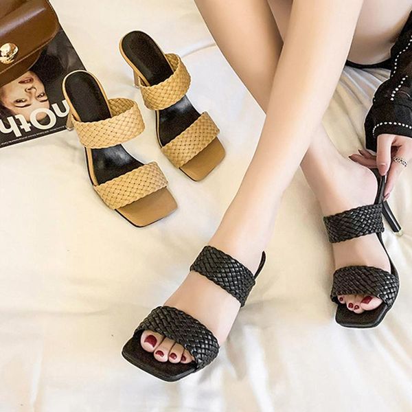 

women slippers summer sandals female outdoor thin heels weave pu leather slides mules ladies shoes 2021, Black
