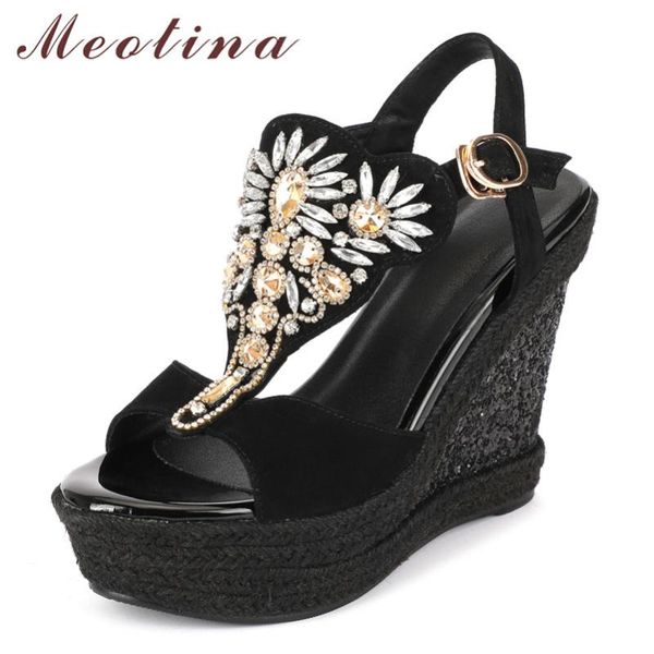 

meotina summer sandals women shoes kid suede platform wedge high heels genuine leather rhinestone lady size 34-39, Black