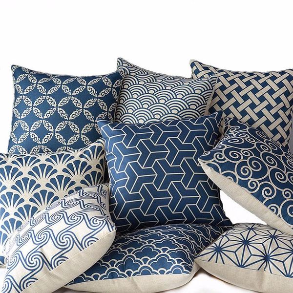 

nordic style blue geometry decorative cotton linen cushion cover grid printed sofa throw pillow car chair home decor case cushion/decorative