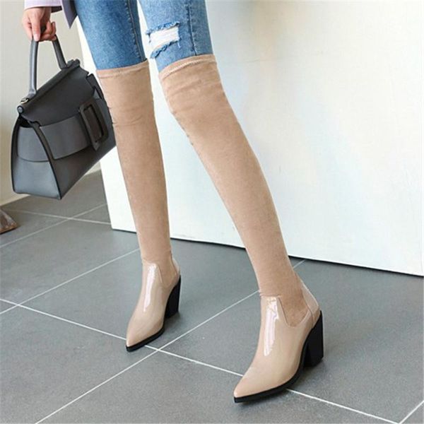 

boots pxelena patchwork stretch over the knee women autumn shoes chunky heels thigh high fashion office lady party daily, Black